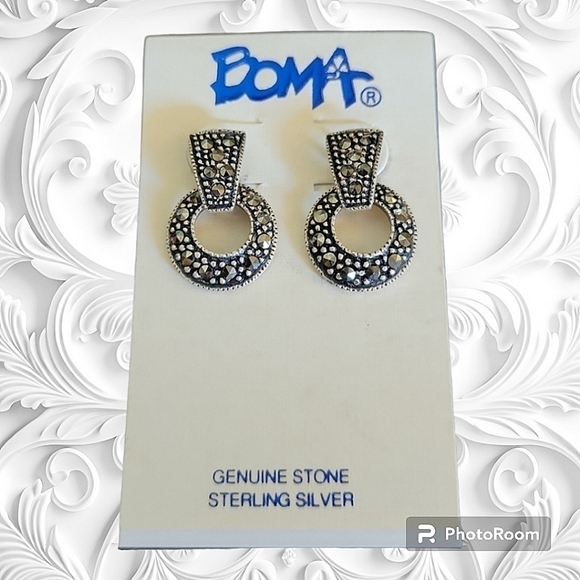 BOMA 925 Oxidized Silver Petite Marcasite Open Circle Dangle Post Earrings - Picture 1 of 4
